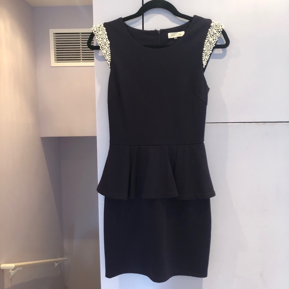 PEPLUM NAVY DRESS WITH PEARL SLEEVES
